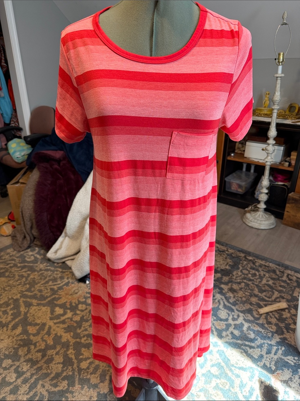 LuLaRoe Carly Striped Pink & Red Pocket High-Low Dress